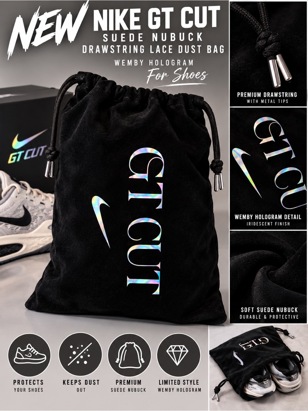 Nike GT Cut Black Suede Nubuck Drawstring Shoe Bag with Holographic Logo